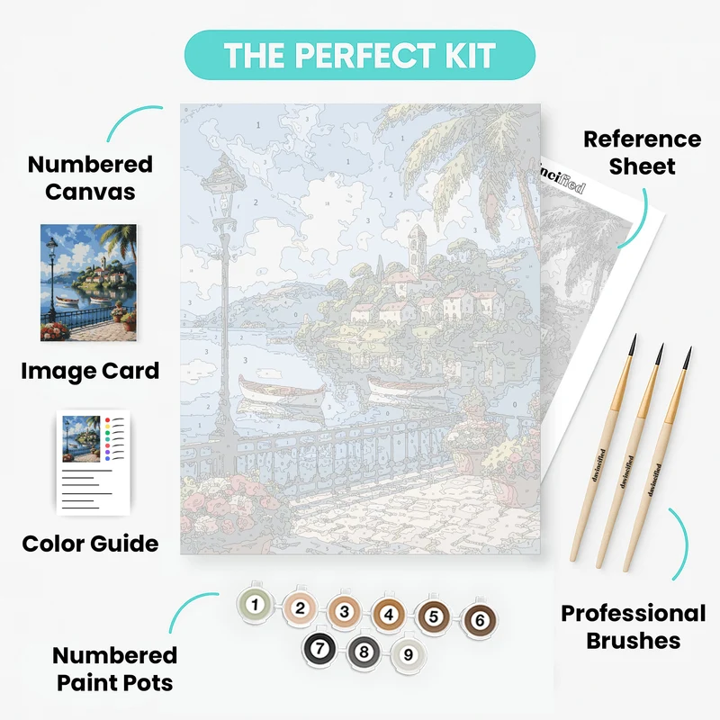 Serene Mediterranean Lakeside Promenade - Paint by Numbers Kit