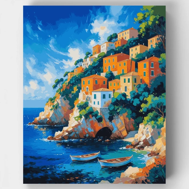Cliffside Mediterranean Village with Azure Waters - Paint by Numbers Kit
