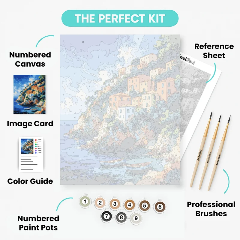 Cliffside Mediterranean Village with Azure Waters - Paint by Numbers Kit