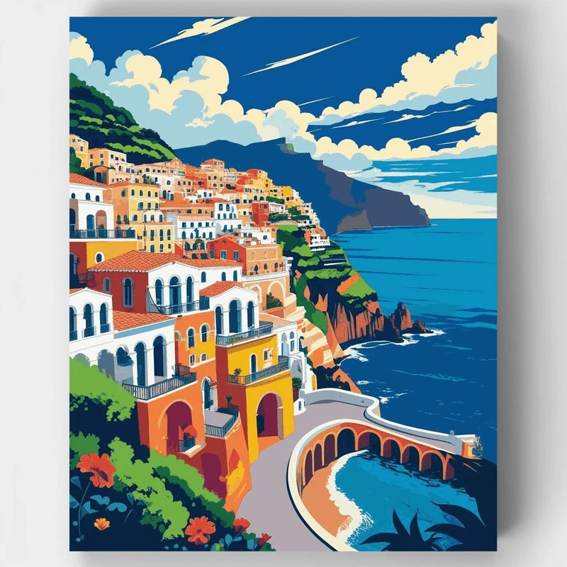 Cliffside Mediterranean Paradise with Arched Promenade - Paint by Numbers Kit