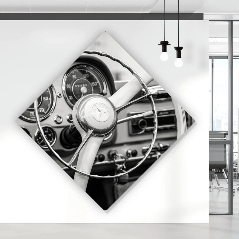 Leinwandbild Vintage Auto Lenkrad Retro Look Raute