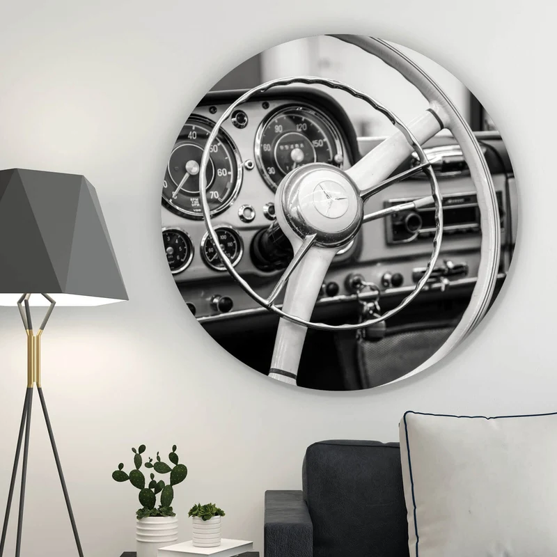 Aluminiumbild gebürstet Vintage Auto Lenkrad Retro Look Kreis