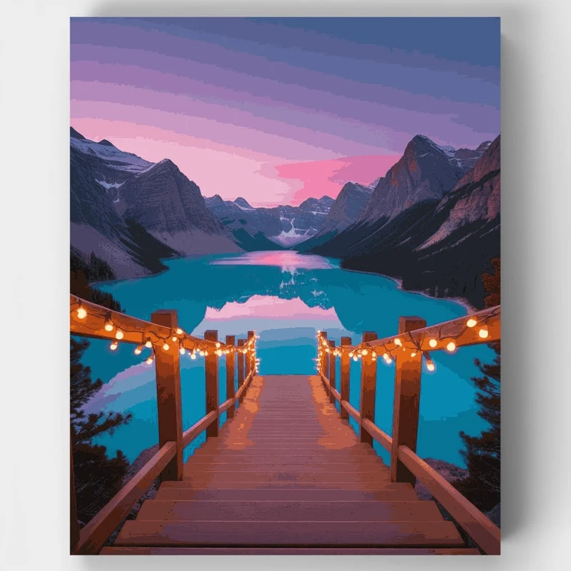 Mountain Lake Sunset with Wooden Dock - Paint by Numbers Kit