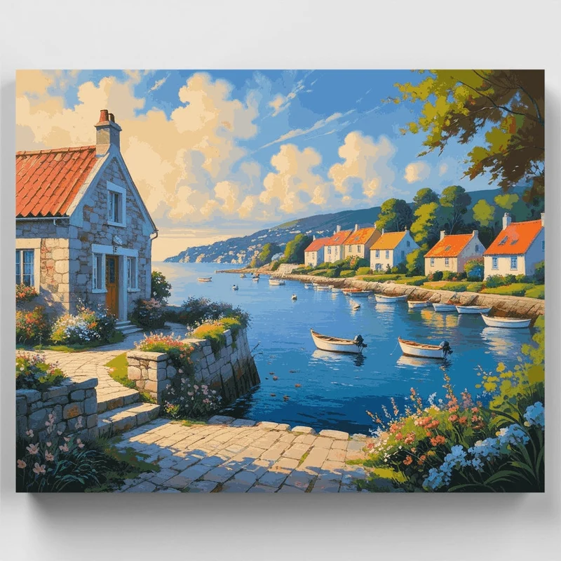Charming Coastal Village with Stone Houses and Boats - Paint by Numbers Kit