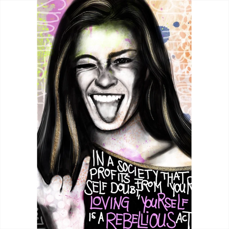 Acrylglasbild Junge Frau zeigt rebellische Geste Hochformat