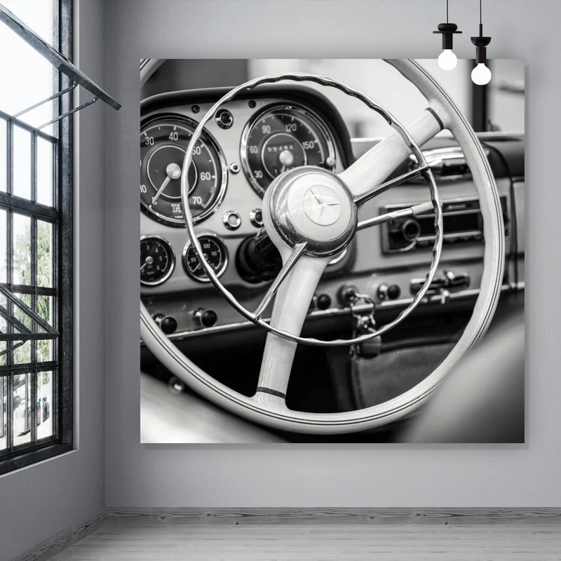 Aluminiumbild Vintage Auto Lenkrad Retro Look Quadrat