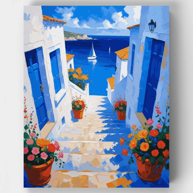 Greek Island Coastal Steps - Paint by Numbers Kit