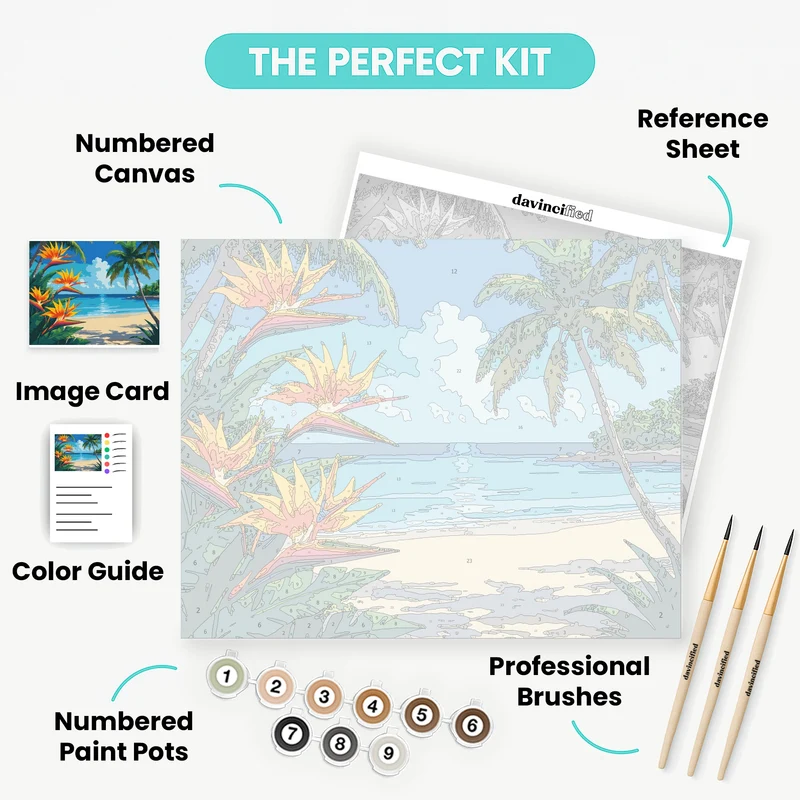 Tropical Beach Paradise with Birds of Paradise - Paint by Numbers Kit