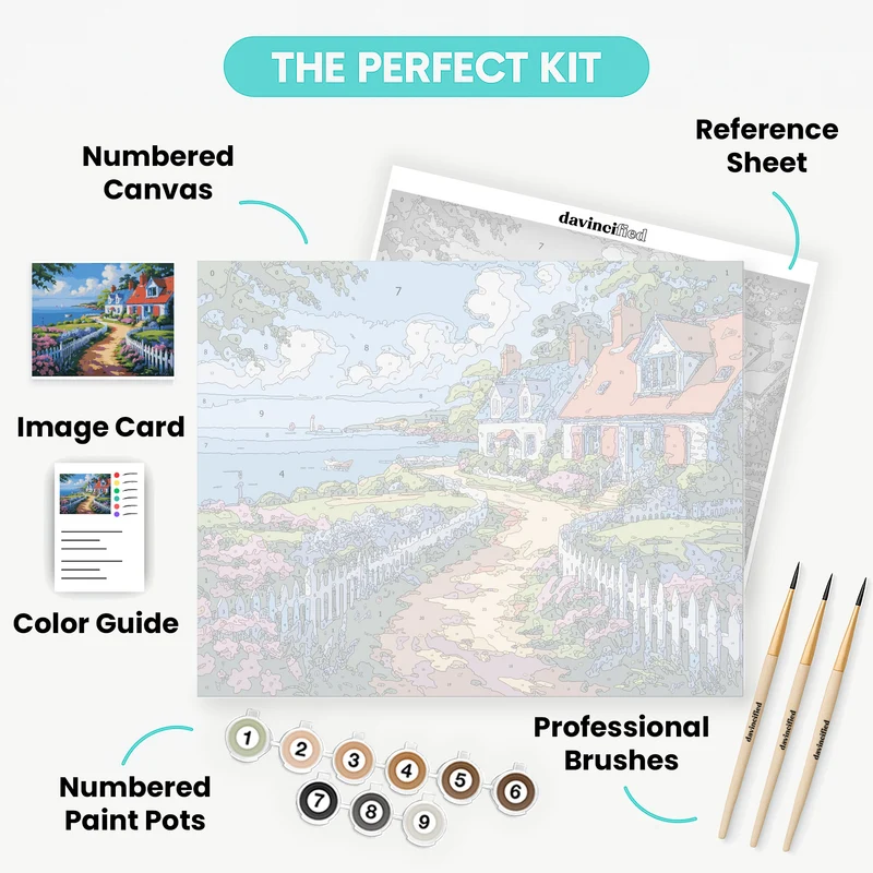 Seaside Cottage with Blooming Garden Path - Paint by Numbers Kit