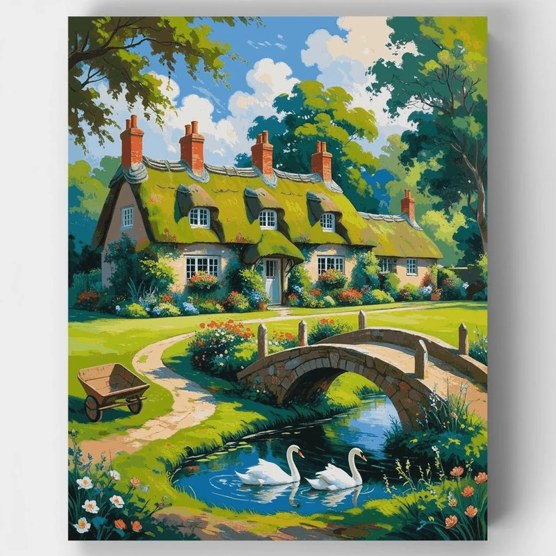 English Countryside Cottage with Bridge and Swans - Paint by Numbers Kit