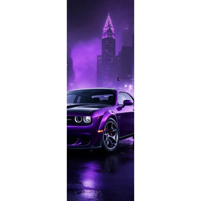 Poster Lila Sportwagen in neonbeleuchteter Stadt bei Nacht Panorama Hoch