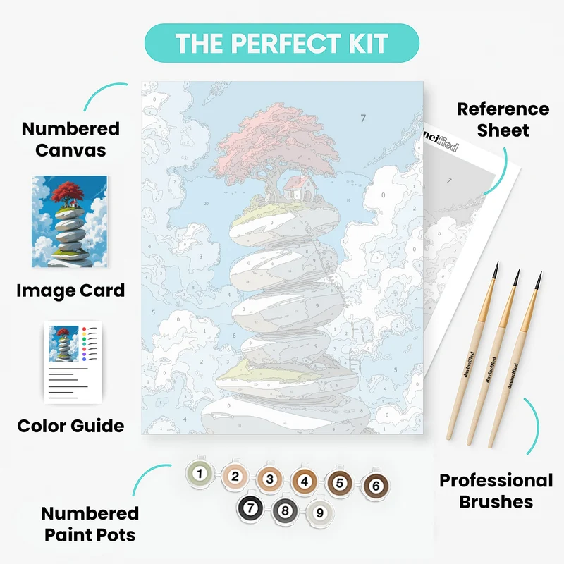 Floating Stone Islands with Red Tree House - Paint by Numbers Kit