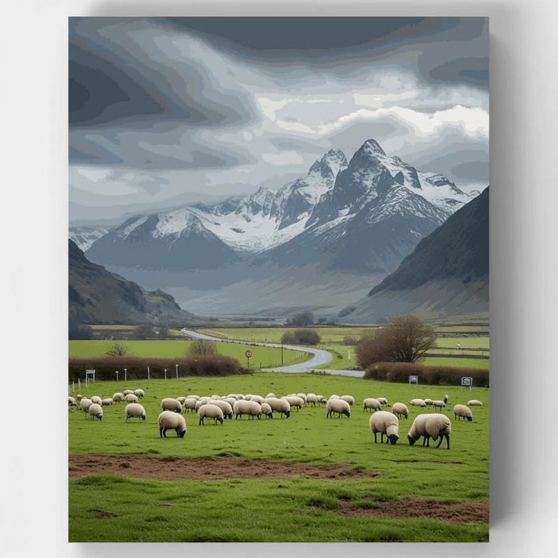 Icelandic Sheep Grazing with Mountain Vista - Paint by Numbers Kit