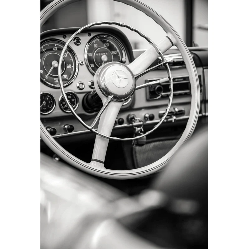 Acrylglasbild Vintage Auto Lenkrad Retro Look Hochformat