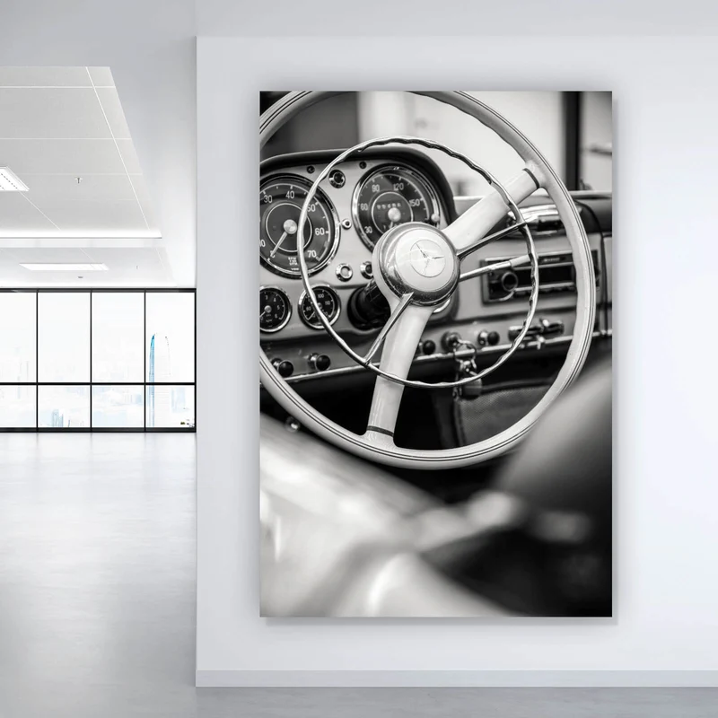 Aluminiumbild Vintage Auto Lenkrad Retro Look Hochformat