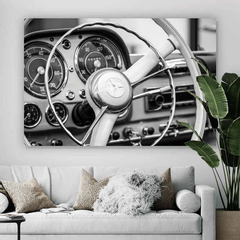 Spannrahmenbild Vintage Auto Lenkrad Retro Look Querformat