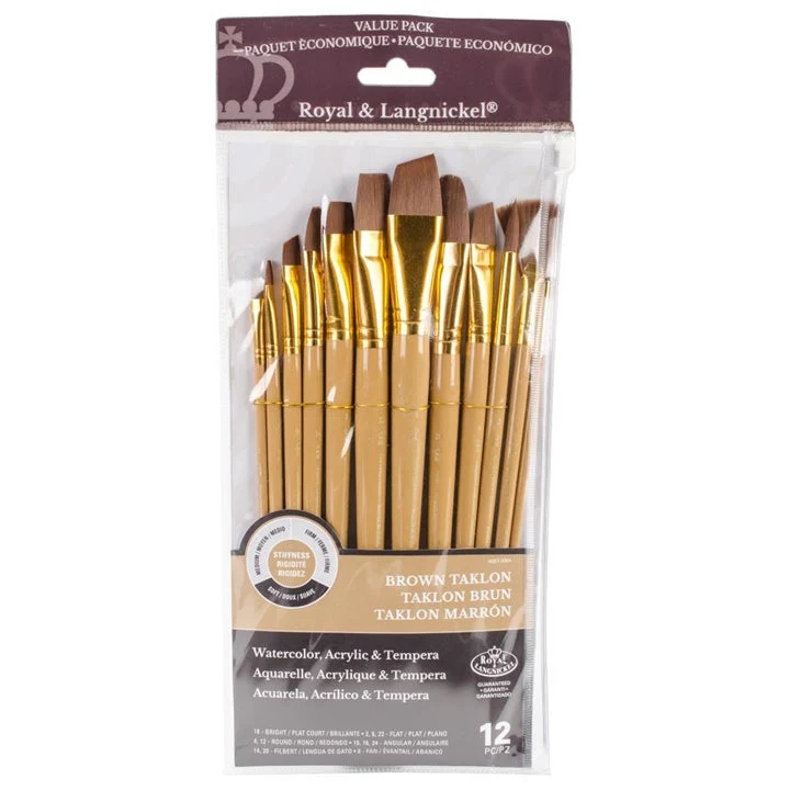 Royal & Langnickel Brush Set of 12, Brown Taklon, Long Handle (RSET-9304)