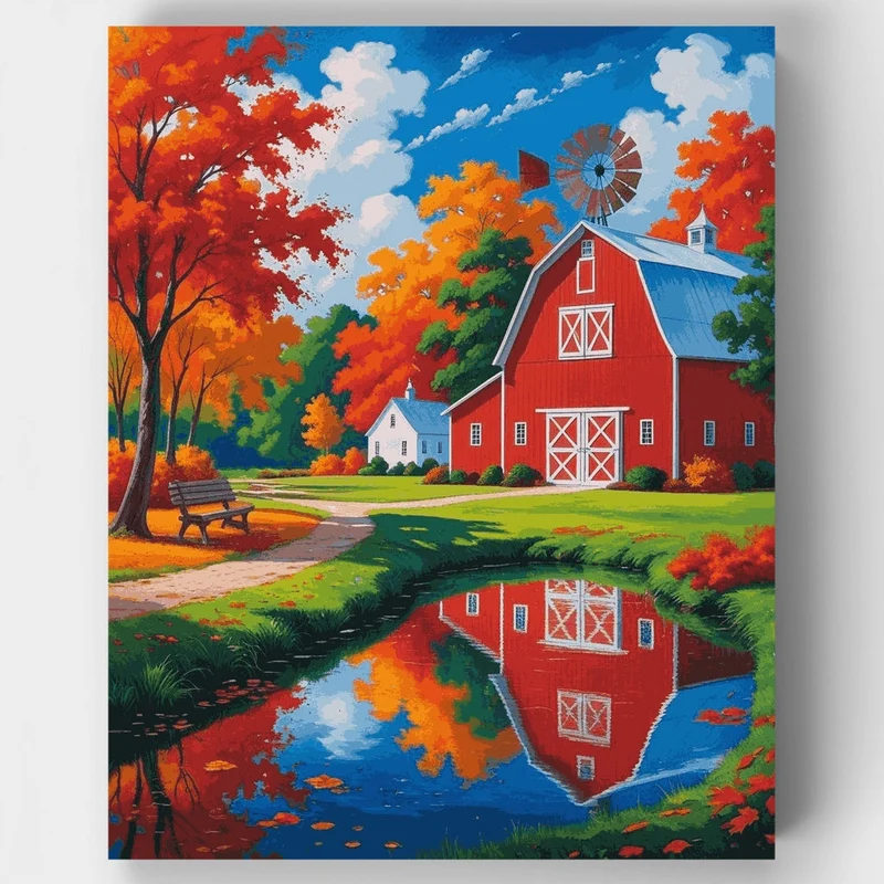 Red Barn Autumn Reflection Paradise - Paint by Numbers Kit
