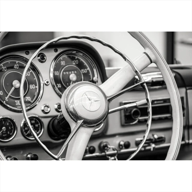 Aluminiumbild Vintage Auto Lenkrad Retro Look Querformat