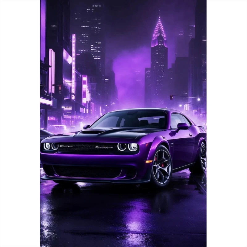 Leinwandbild Lila Sportwagen in neonbeleuchteter Stadt bei Nacht Hochformat