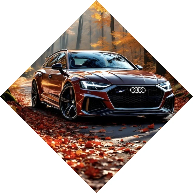 Aluminiumbild Elegantes Auto in herbstlicher Waldlandschaft Raute