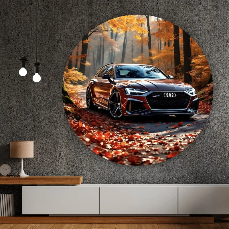 Aluminiumbild gebürstet Elegantes Auto in herbstlicher Waldlandschaft Kreis