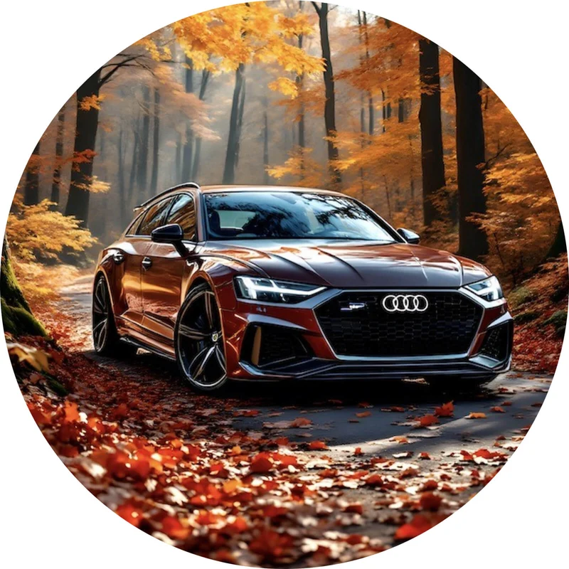 Aluminiumbild Elegantes Auto in herbstlicher Waldlandschaft Kreis