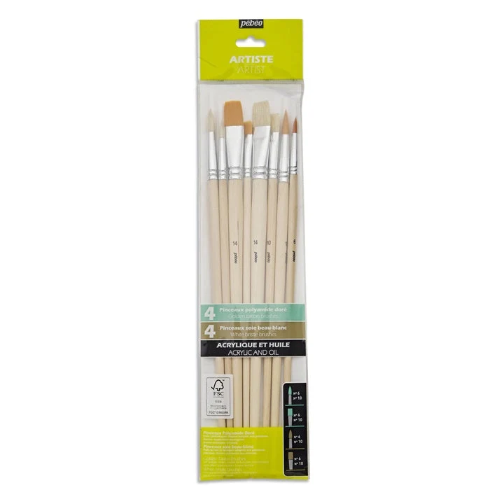 Pebeo Set of 8 Brushes, Bristle and Synthetic, Flat and Round, Long Handle
