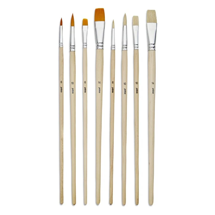Pebeo Set of 8 Brushes, Bristle and Synthetic, Flat and Round, Long Handle