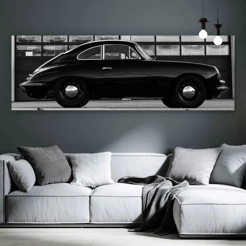 Aluminiumbild Klassisches Auto vor Werkstattgebäude Panorama