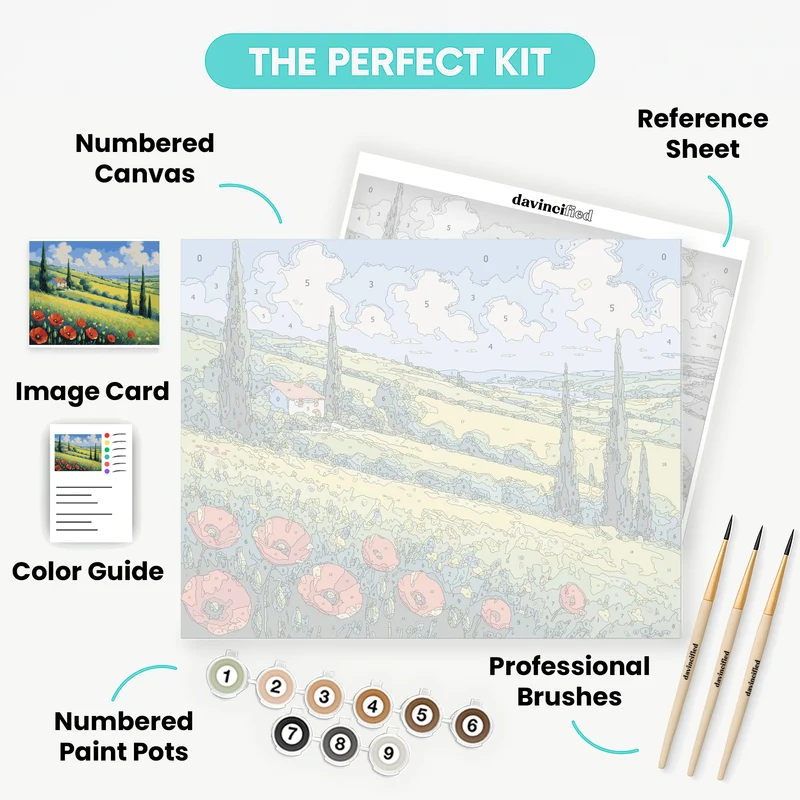 Tuscan Countryside with Red Poppies - Paint by Numbers Kit