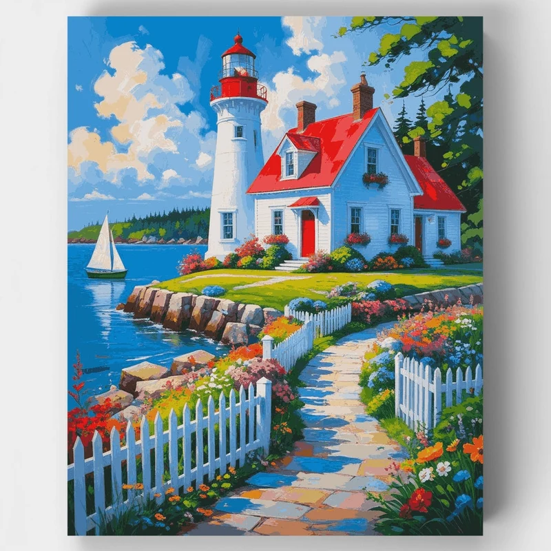 Charming Coastal Lighthouse with Garden Path - Paint by Numbers Kit