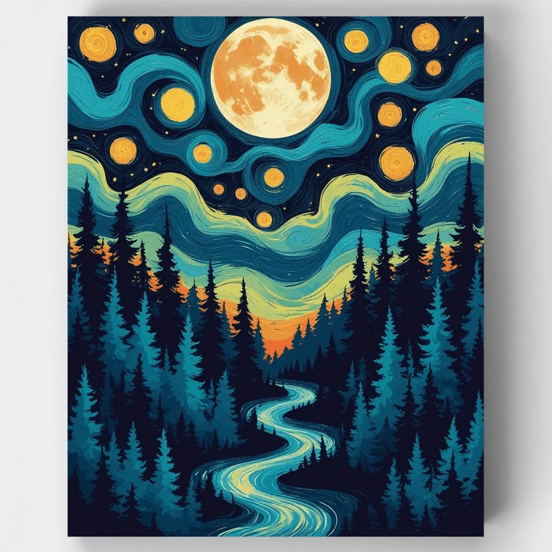 Starry Night Forest with Winding River - Paint by Numbers Kit