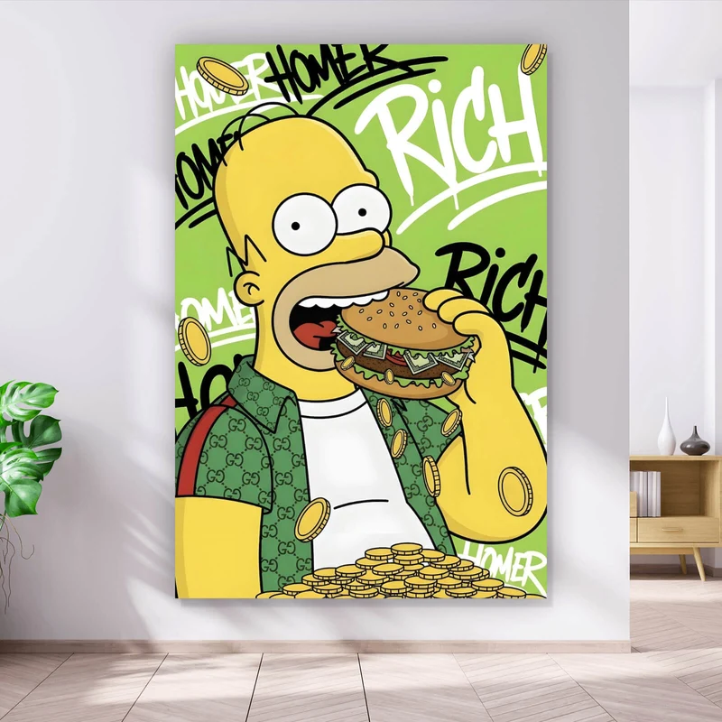 Acrylglasbild Figur Isst Burger mit Geld Hochformat