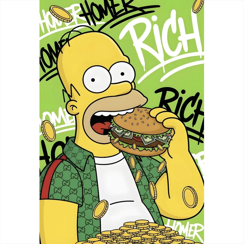 Acrylglasbild Figur Isst Burger mit Geld Hochformat