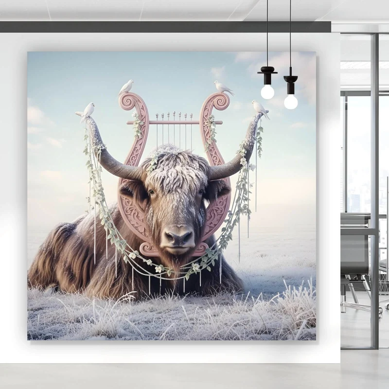 Poster Hochlandrind Mit Dekorativer Harfe Quadrat