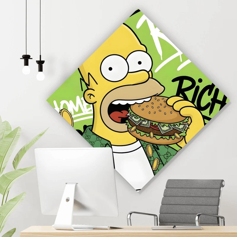 Spannrahmenbild Figur Isst Burger mit Geld Raute