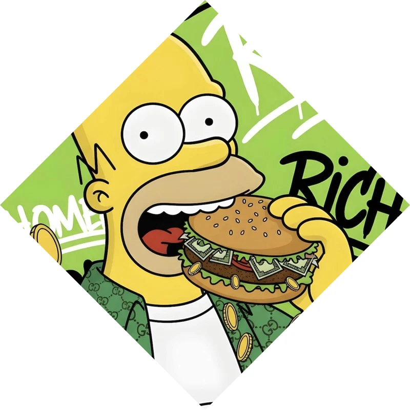 Spannrahmenbild Figur Isst Burger mit Geld Raute