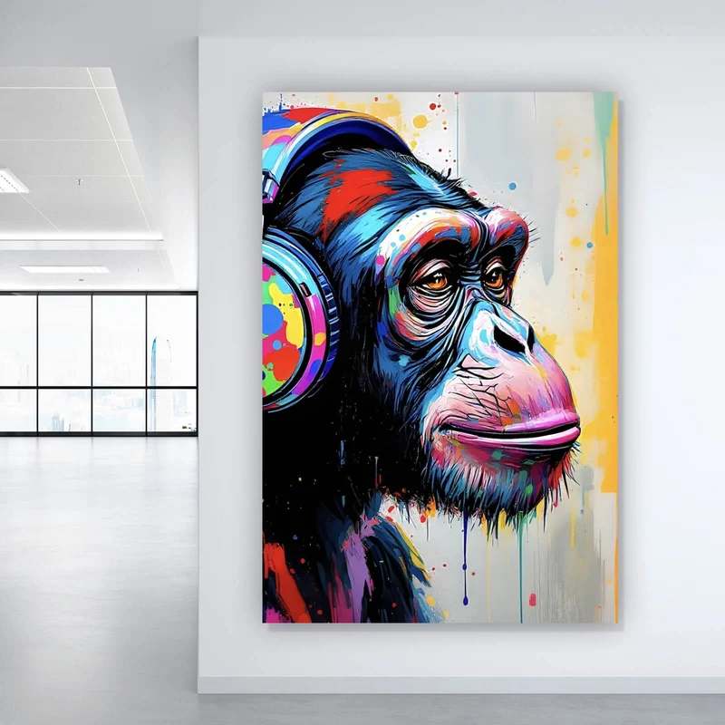 Acrylglasbild Affe mit Kopfhörer Graffiti Hochformat