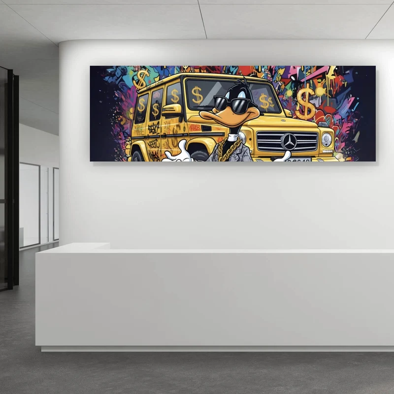 Poster Luxus Ente mit Auto und Geld Panorama