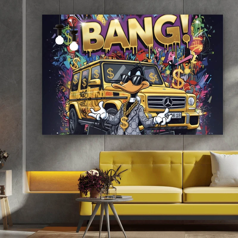 Leinwandbild Luxus Ente mit Auto und Geld Querformat