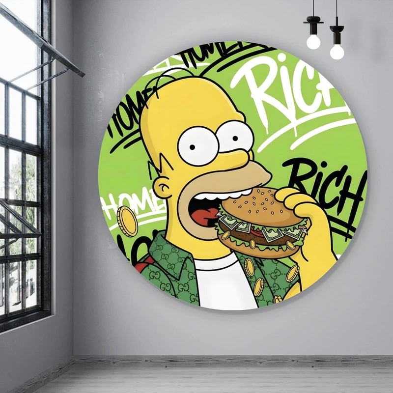 Aluminiumbild Figur Isst Burger mit Geld Kreis