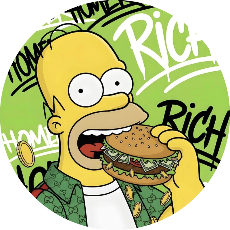 Aluminiumbild Figur Isst Burger mit Geld Kreis