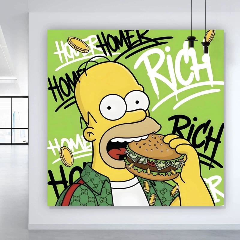 Spannrahmenbild Figur Isst Burger mit Geld Quadrat
