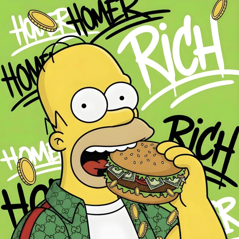 Spannrahmenbild Figur Isst Burger mit Geld Quadrat