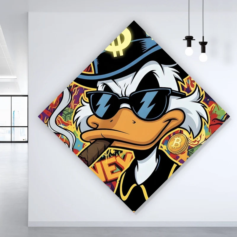 Leinwandbild Coole Ente mit Zigarre auf Geld Hintergrund Raute