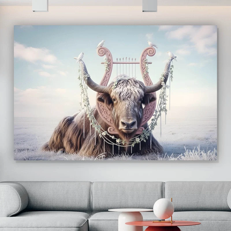 Poster Hochlandrind Mit Dekorativer Harfe Querformat