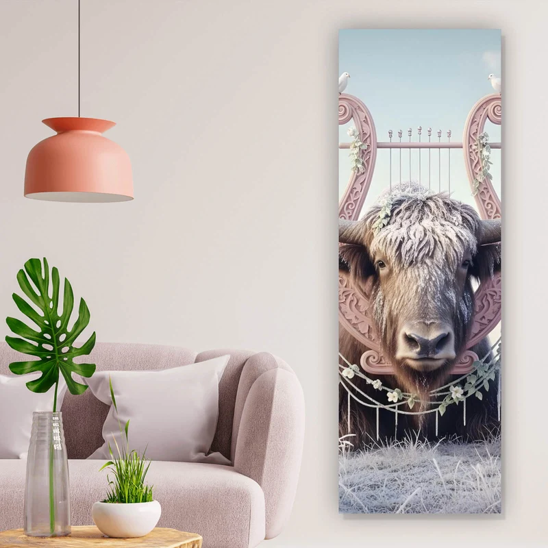 Acrylglasbild Hochlandrind Mit Dekorativer Harfe Panorama Hoch