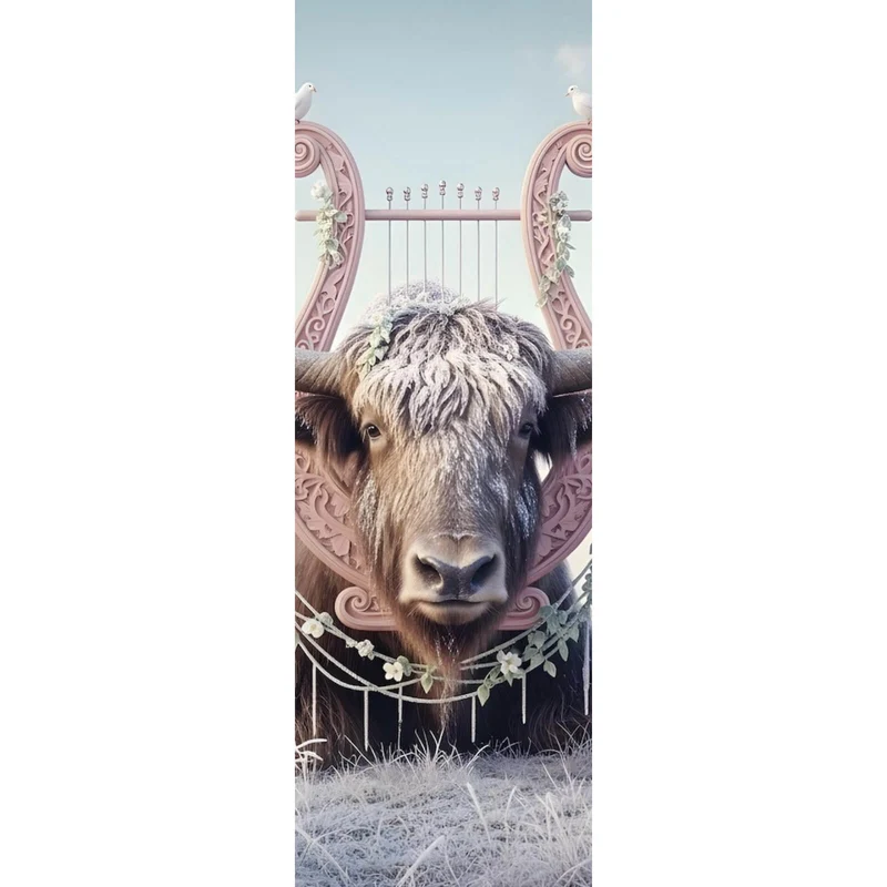 Poster Hochlandrind Mit Dekorativer Harfe Panorama Hoch