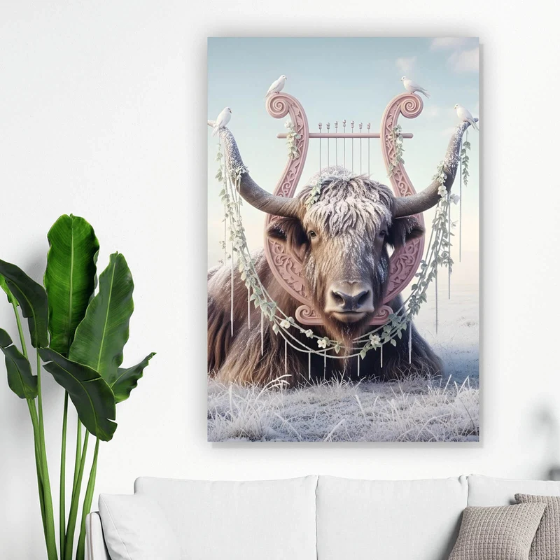 Spannrahmenbild Hochlandrind Mit Dekorativer Harfe Hochformat